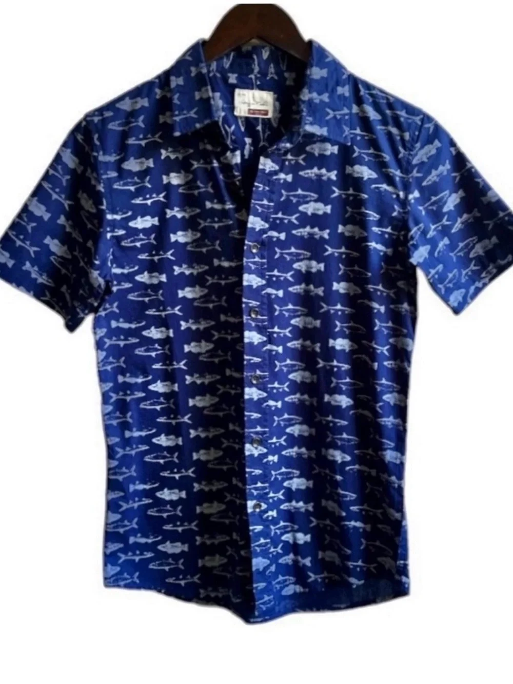 Sovereign Code Navy Blue Shark Print Button Down Short Sleeve Shirt Size Large